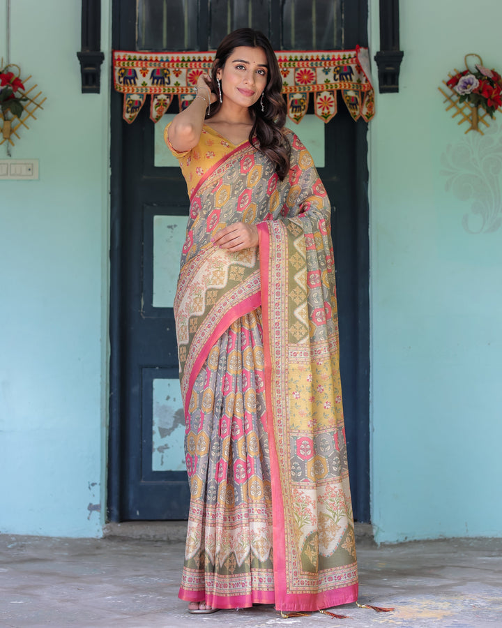 Multicolor Buti & Floral Panel Handloom Cotton Saree with Pink-Green Pallu Art