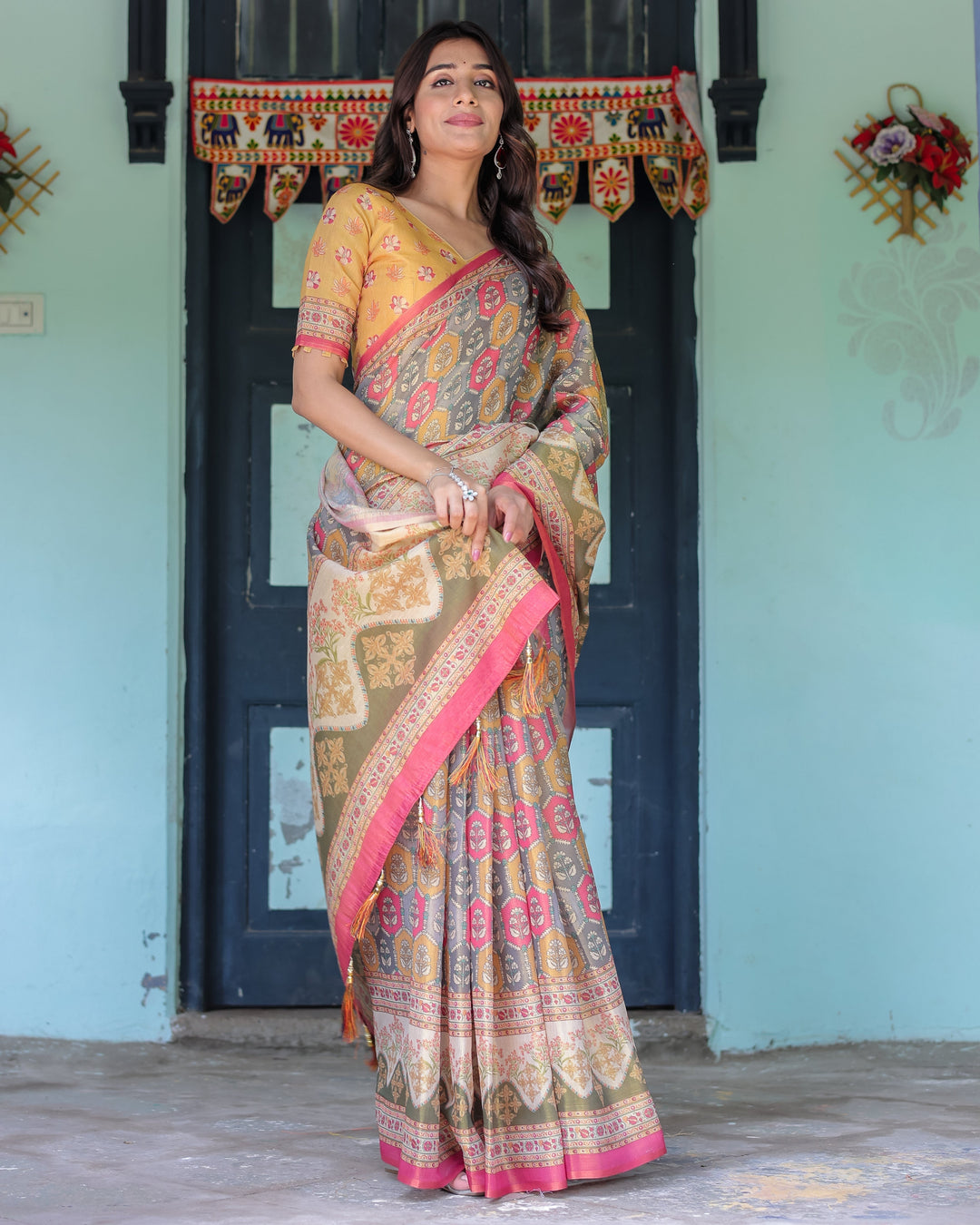 Multicolor Buti & Floral Panel Handloom Cotton Saree with Pink-Green Pallu Art