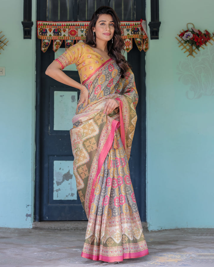 Multicolor Buti & Floral Panel Handloom Cotton Saree with Pink-Green Pallu Art