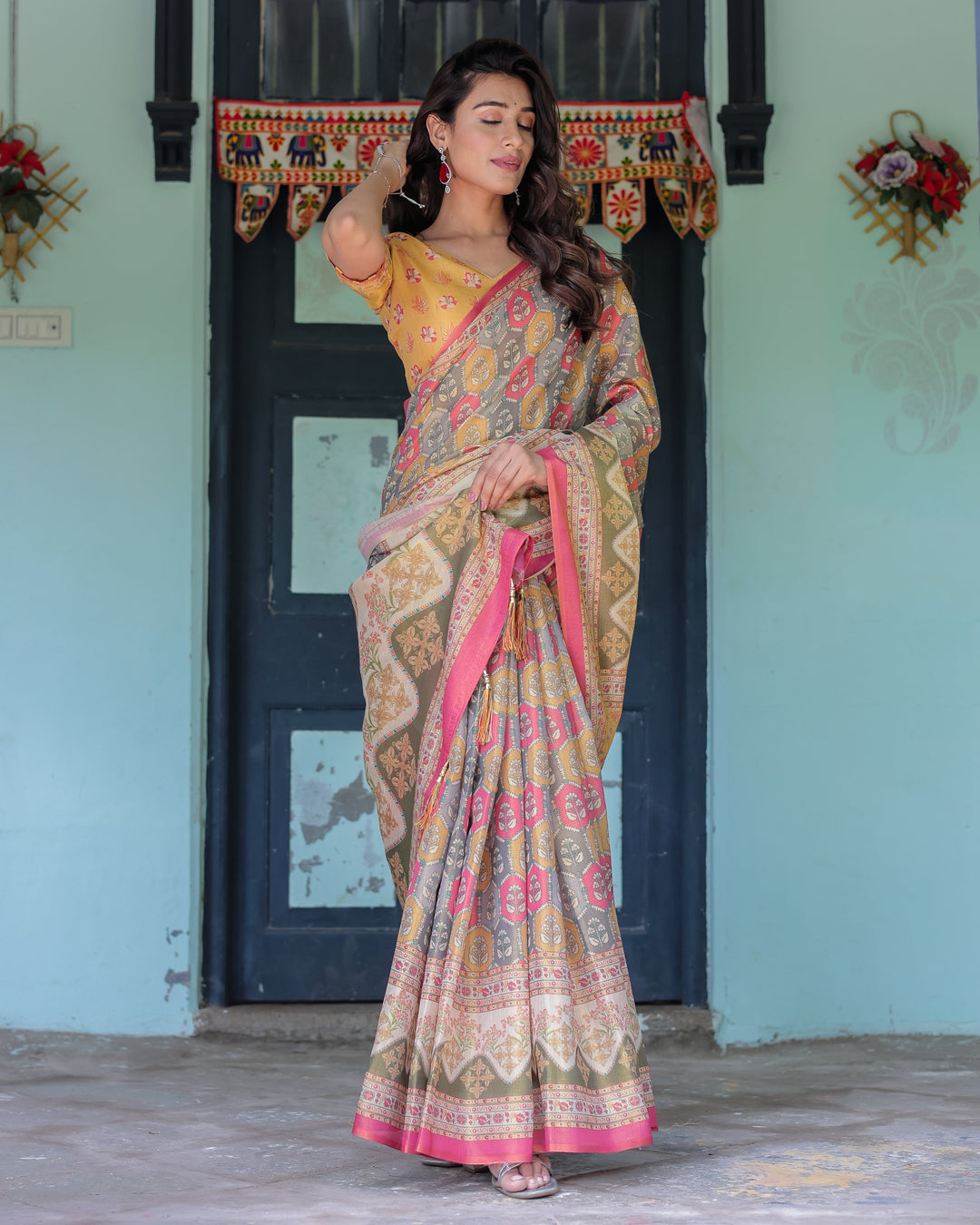 Multicolor Buti & Floral Panel Handloom Cotton Saree with Pink-Green Pallu Art