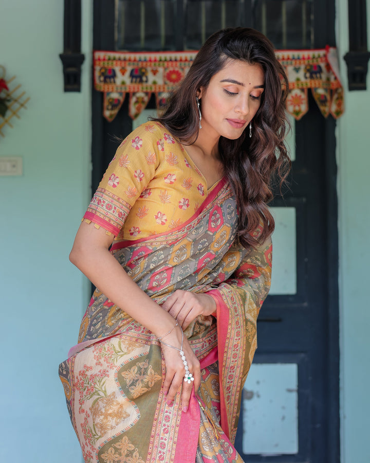 Multicolor Buti & Floral Panel Handloom Cotton Saree with Pink-Green Pallu Art