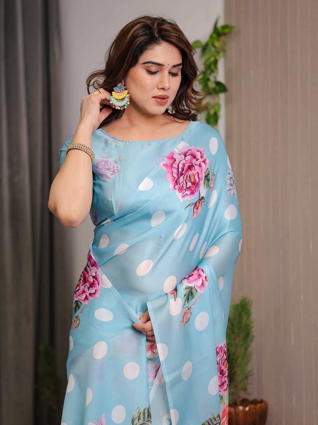 Sky Blue Satin Georgette Polka Dot & Floral Printed Saree with Attached Blouse – Chic Rose Bloom Designer Drape