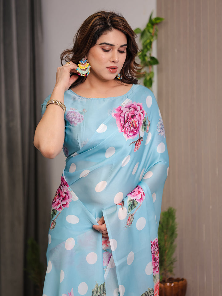Sky Blue Satin Georgette Polka Dot & Floral Printed Saree with Attached Blouse – Chic Rose Bloom Designer Drape