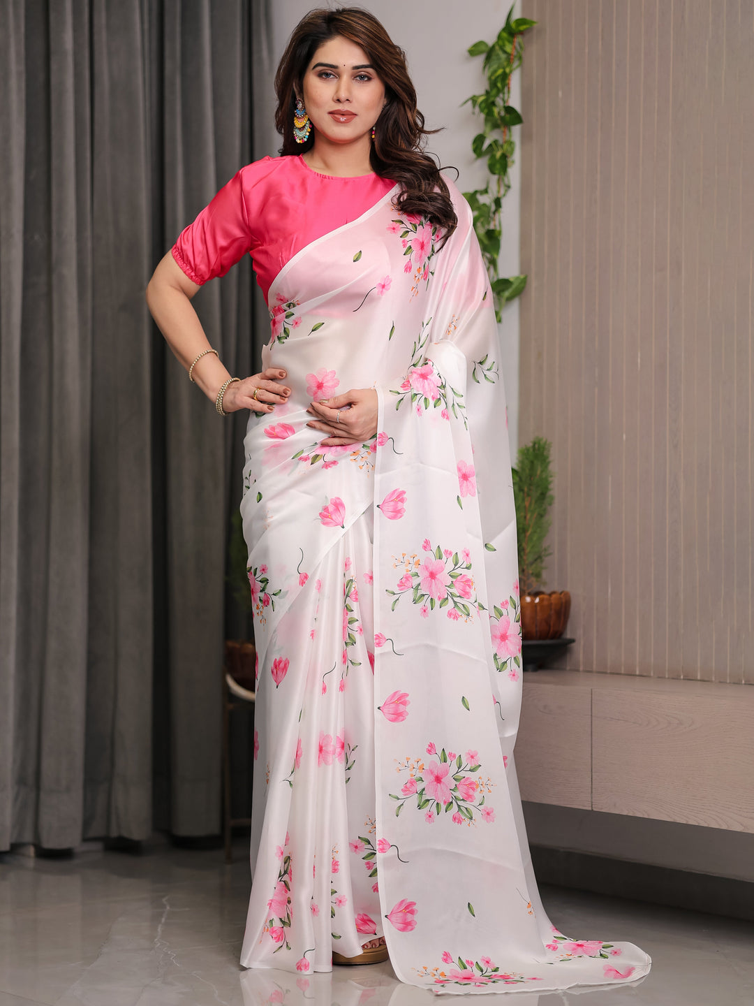 Ivory White Satin Georgette Floral Printed Saree with Pink Blouse – Soft Blossom Designer Drape