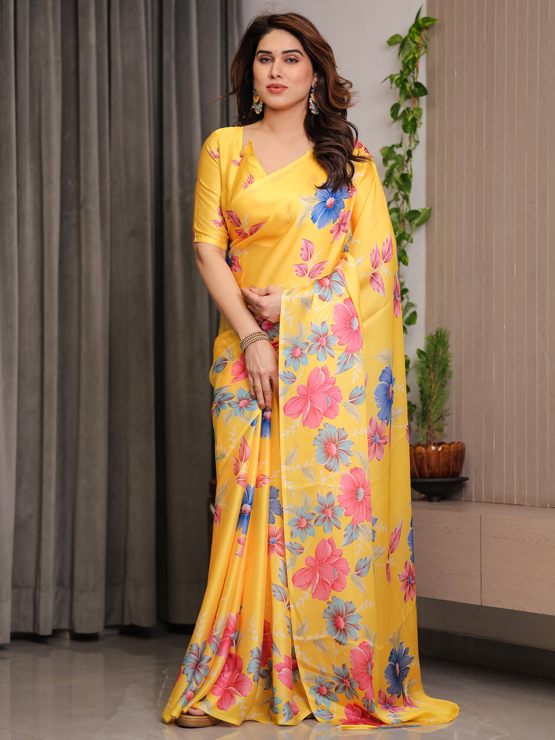 Mustard Yellow Satin Georgette Floral Printed Saree with Attached Blouse – Vibrant Garden Bloom Designer Drape