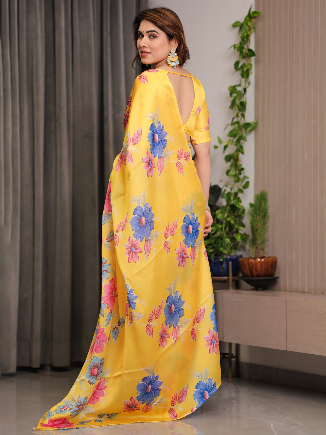 Mustard Yellow Satin Georgette Floral Printed Saree with Attached Blouse – Vibrant Garden Bloom Designer Drape