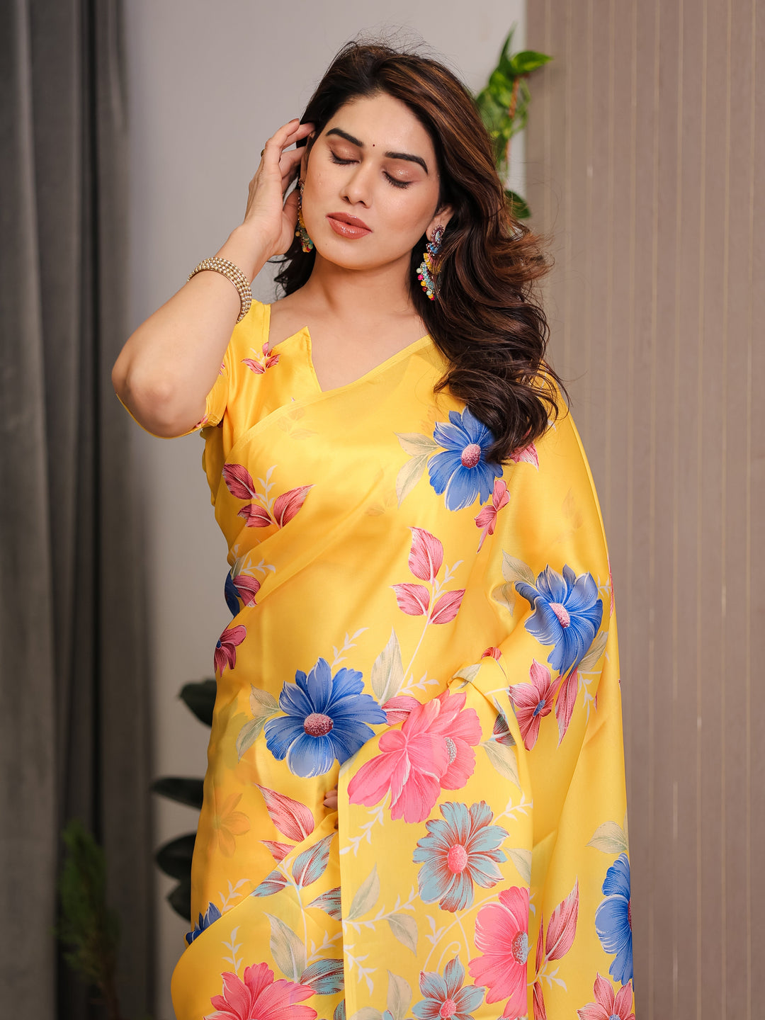 Mustard Yellow Satin Georgette Floral Printed Saree with Attached Blouse – Vibrant Garden Bloom Designer Drape