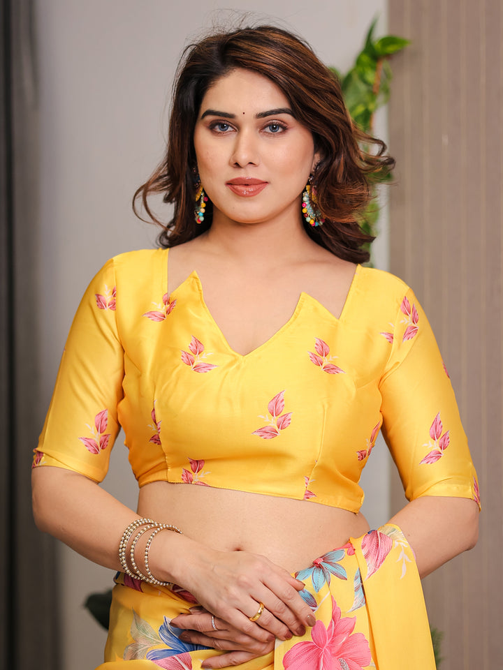 Mustard Yellow Satin Georgette Floral Printed Saree with Attached Blouse – Vibrant Garden Bloom Designer Drape