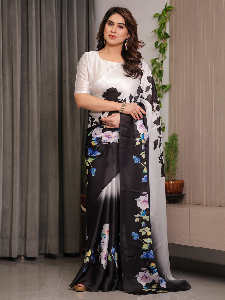 Ivory White & Black Satin Georgette Floral Printed Saree with Attached Blouse – Elegant Contrast Bloom Designer Drape