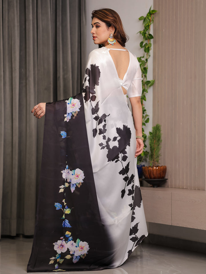 Ivory White & Black Satin Georgette Floral Printed Saree with Attached Blouse – Elegant Contrast Bloom Designer Drape