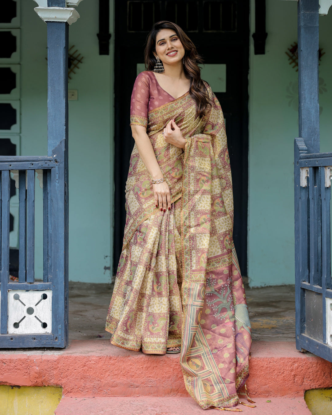 Cream & Maroon Handloom Cotton Saree with Deer Pallu and Blocked Peacock Motifs