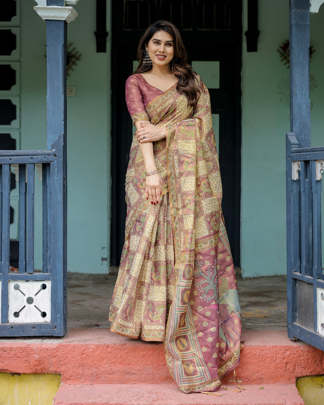 Cream & Maroon Handloom Cotton Saree with Deer Pallu and Blocked Peacock Motifs