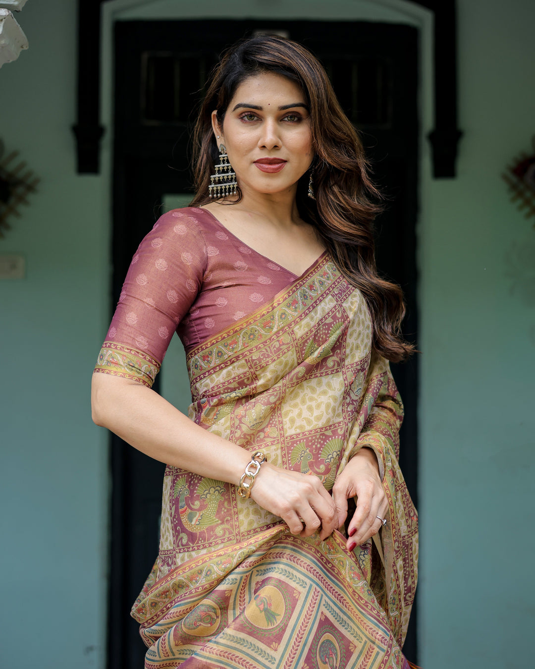 Cream & Maroon Handloom Cotton Saree with Deer Pallu and Blocked Peacock Motifs