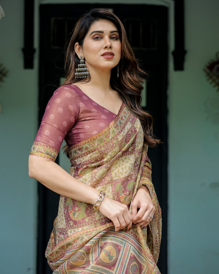 Cream & Maroon Handloom Cotton Saree with Deer Pallu and Blocked Peacock Motifs