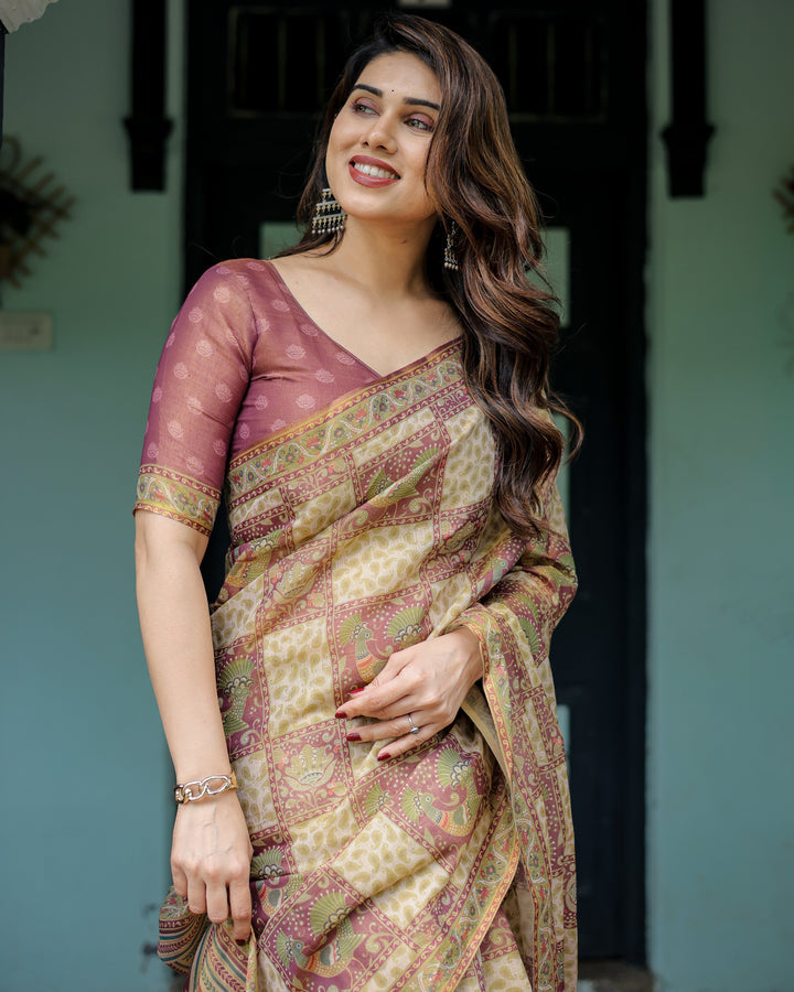 Cream & Maroon Handloom Cotton Saree with Deer Pallu and Blocked Peacock Motifs