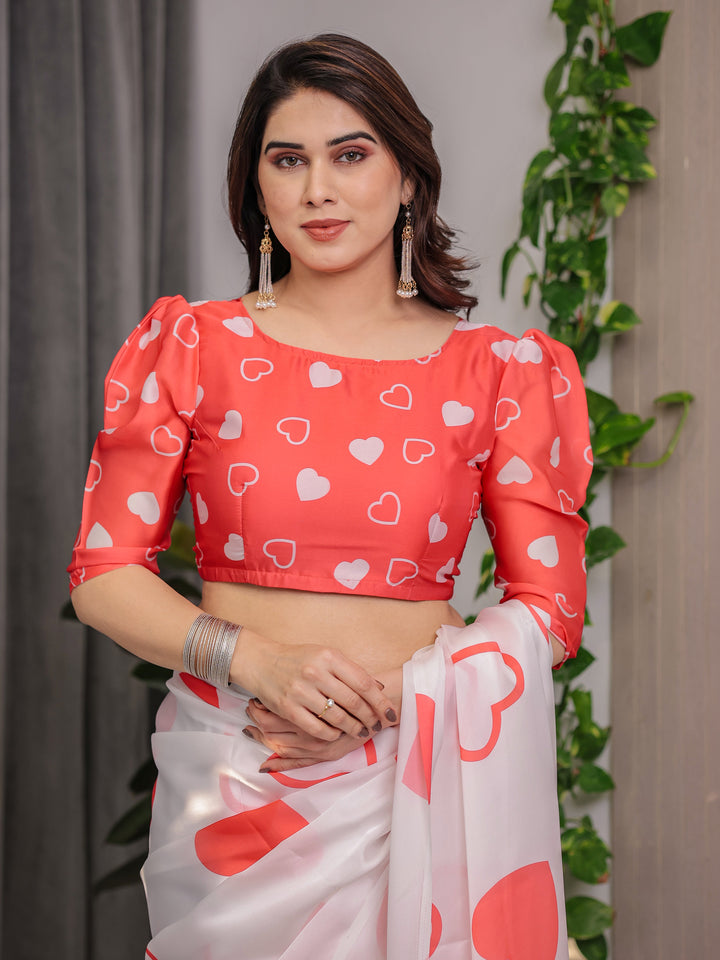 Ivory White Satin Georgette Saree with Bold Red Heart Print and Attached Red Heart Pattern Blouse – 5.5 Meter Romantic Designer Saree for Valentine’s Day & Anniversary Wear