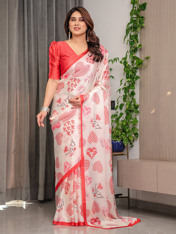 Ivory Pink & Red Love-Themed Satin Georgette Saree with Heart Prints and Romantic Pallu | Attached Blouse
