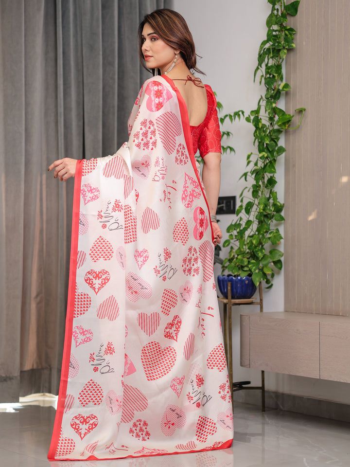 Ivory Pink & Red Love-Themed Satin Georgette Saree with Heart Prints and Romantic Pallu | Attached Blouse