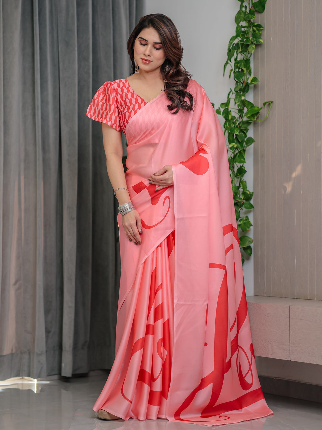 Blush Pink Satin Georgette Saree with Bold Red Heart & Love Typography Pallu and Attached Coral Red Geometric Blouse – 5.5 Meter Romantic Designer Saree for Valentine’s Day & Anniversary Wear