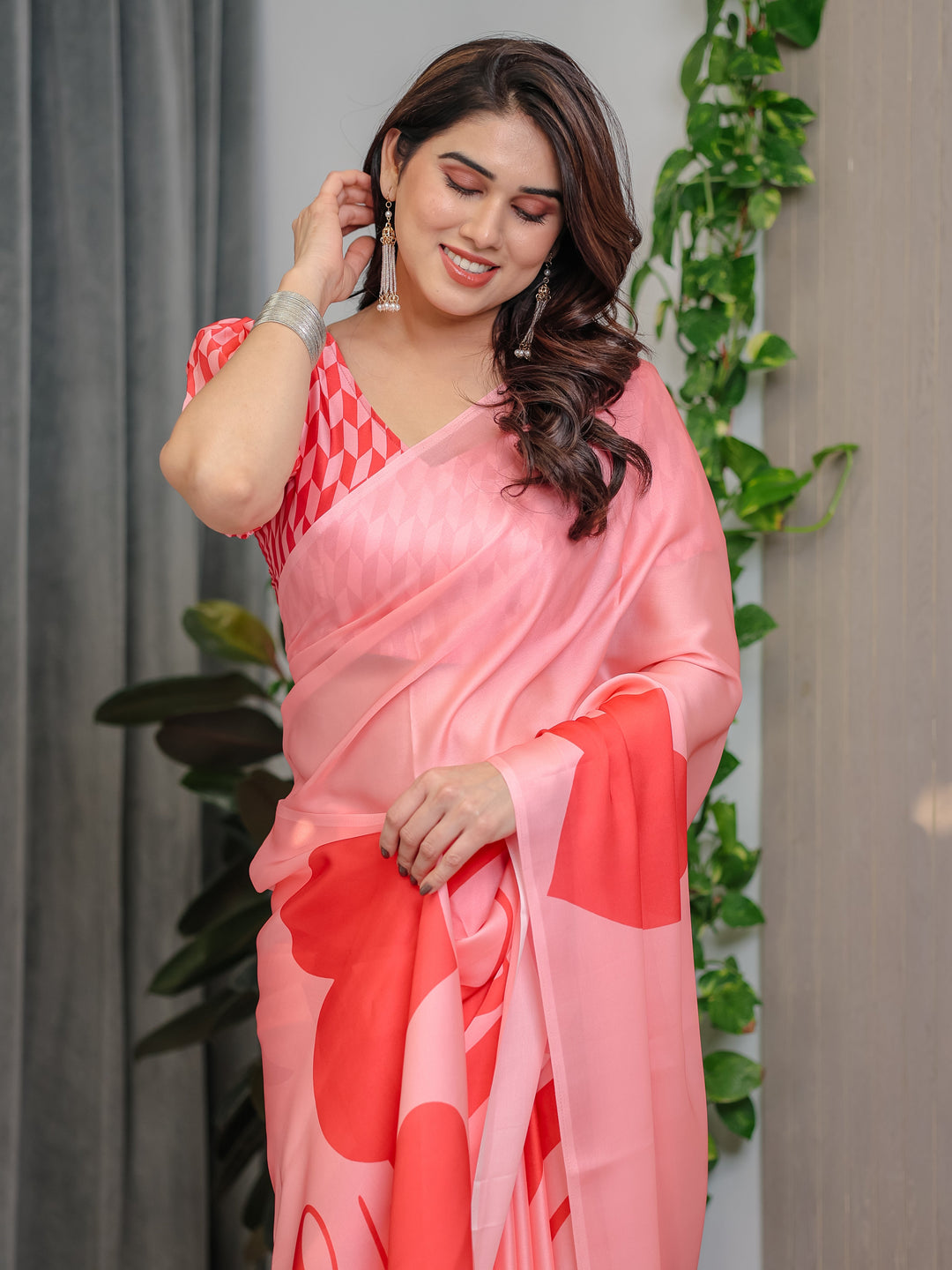 Blush Pink Satin Georgette Saree with Bold Red Heart & Love Typography Pallu and Attached Coral Red Geometric Blouse – 5.5 Meter Romantic Designer Saree for Valentine’s Day & Anniversary Wear