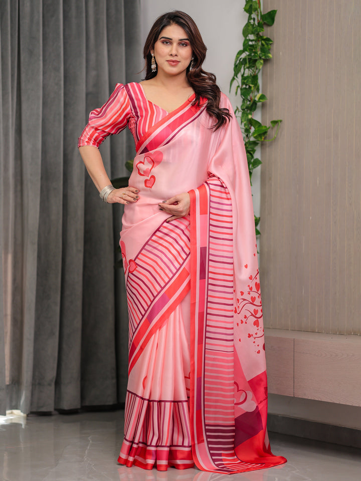 Rose Pink Satin Georgette Romantic Printed Saree with Proposal Silhouette, Heart Tree Pallu & Striped Border Blouse