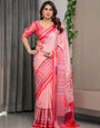 Rose Pink Satin Georgette Romantic Printed Saree with Proposal Silhouette, Heart Tree Pallu & Striped Border Blouse