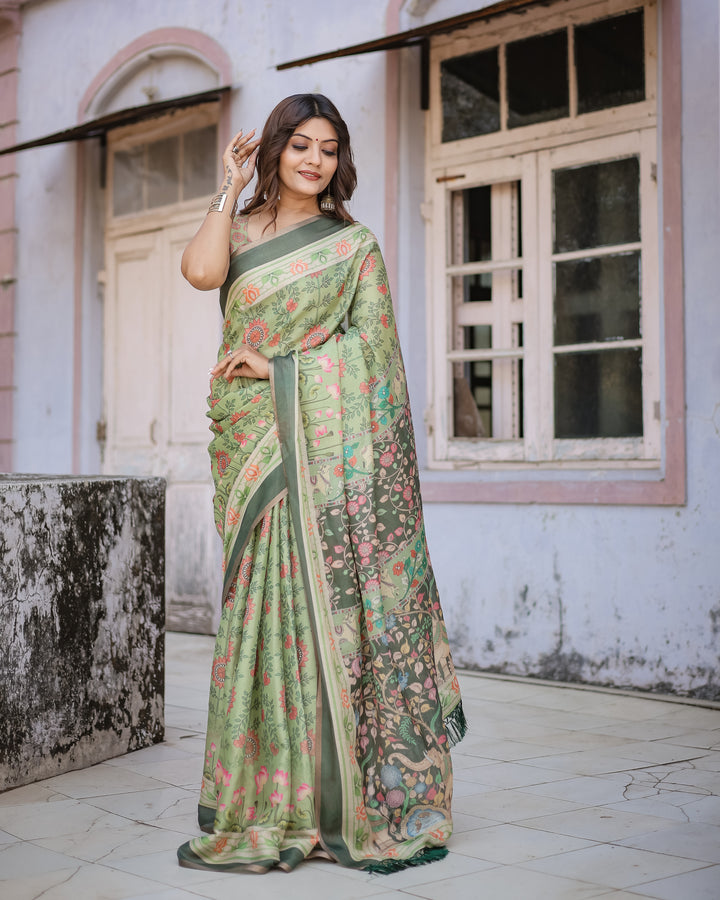Graceful Green & Beige Saree with Exquisite Floral Prints – Perfect for Weddings & Festive Wear