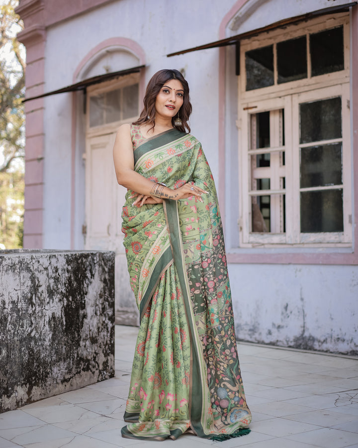 Graceful Green & Beige Saree with Exquisite Floral Prints – Perfect for Weddings & Festive Wear