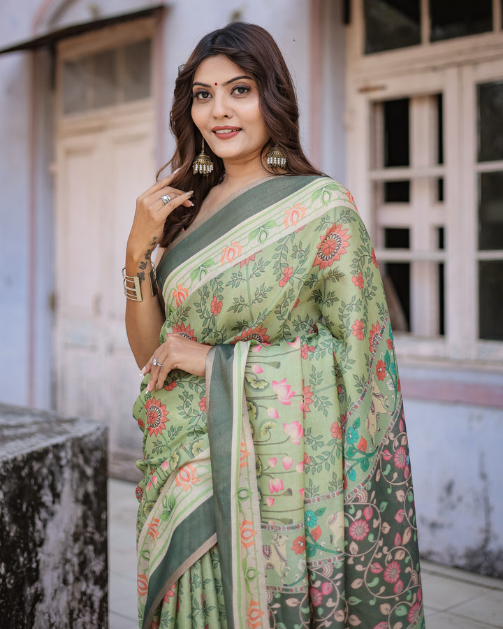 Graceful Green & Beige Saree with Exquisite Floral Prints – Perfect for Weddings & Festive Wear