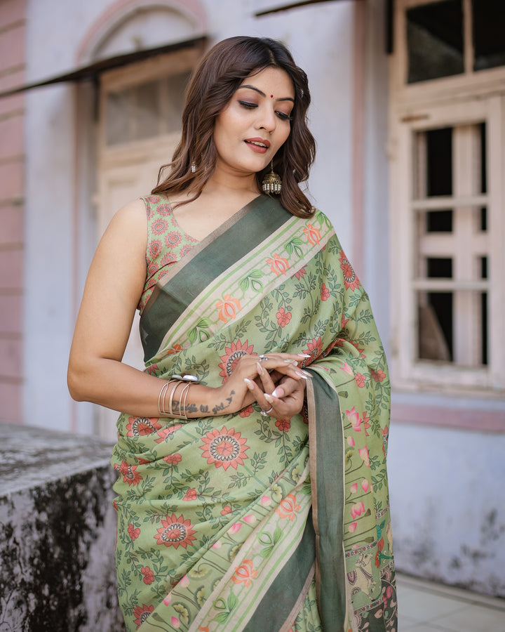 Graceful Green & Beige Saree with Exquisite Floral Prints – Perfect for Weddings & Festive Wear