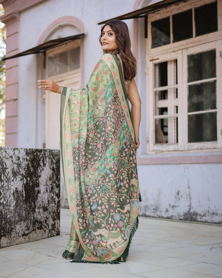 Graceful Green & Beige Saree with Exquisite Floral Prints – Perfect for Weddings & Festive Wear