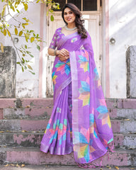 Elegant Multicolor Linen Saree with Traditional Patterns | Lightweight Festive Wear