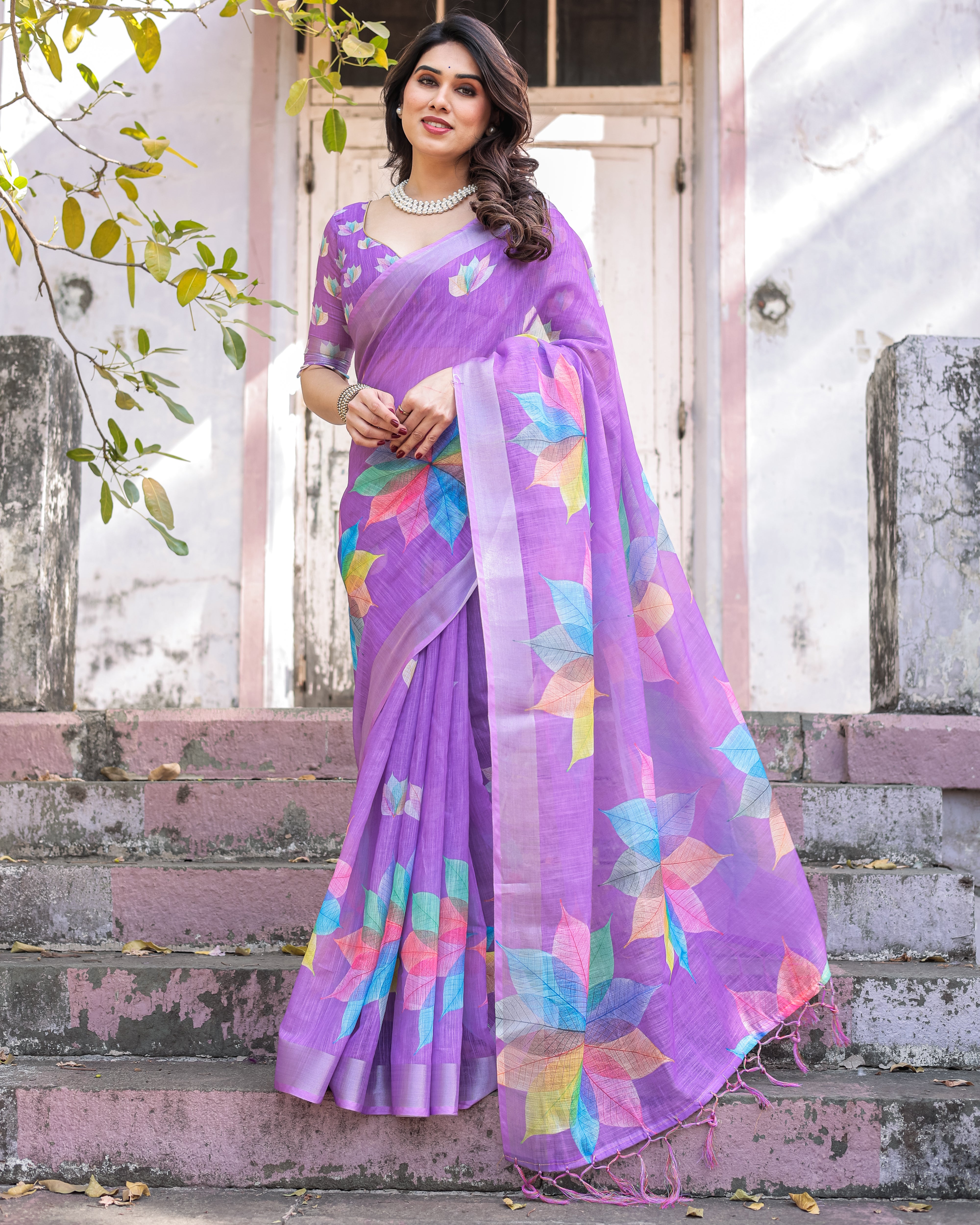 Elegant Multicolor Linen Saree with Traditional Patterns | Lightweight Festive Wear