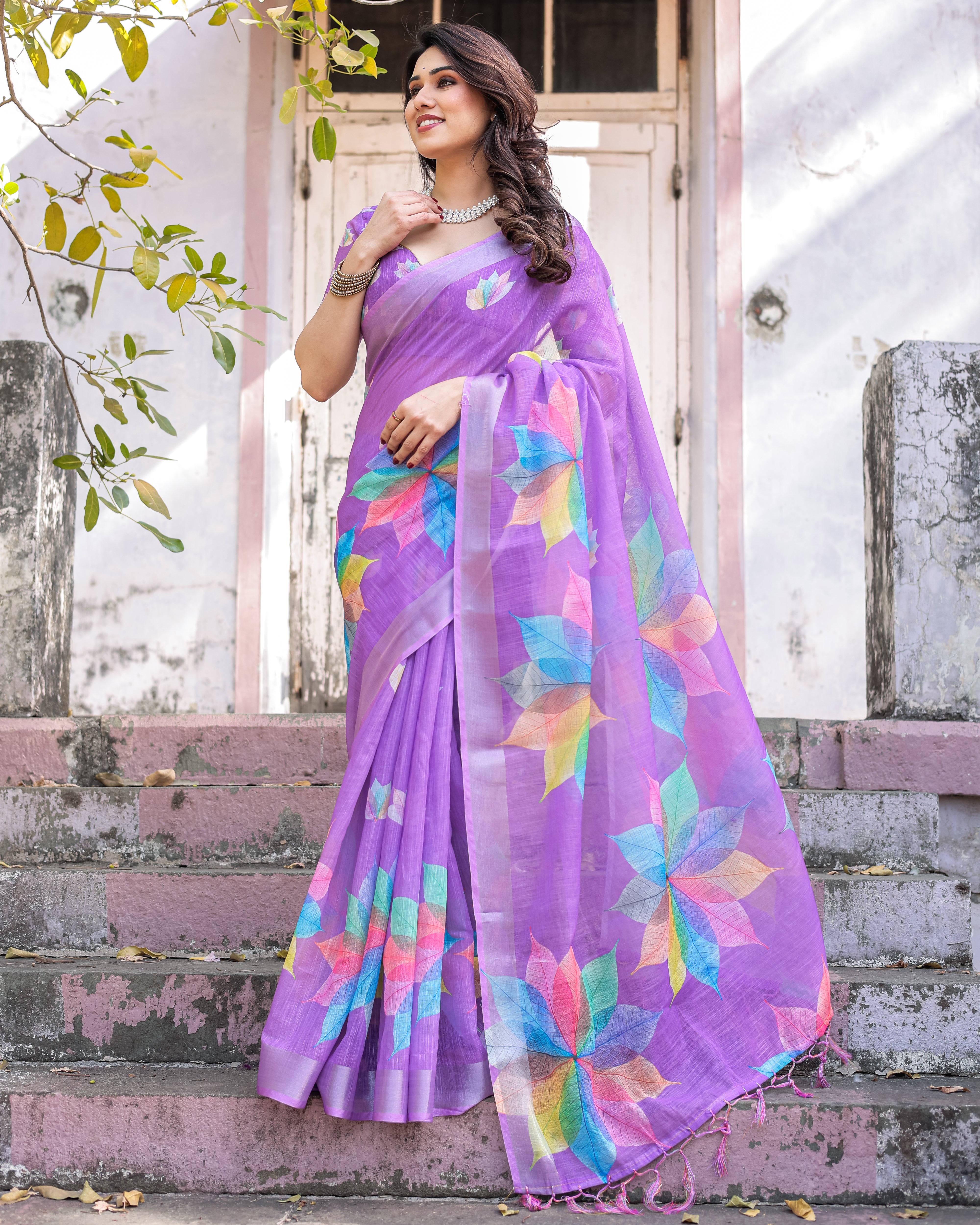 Elegant Multicolor Linen Saree with Traditional Patterns | Lightweight Festive Wear