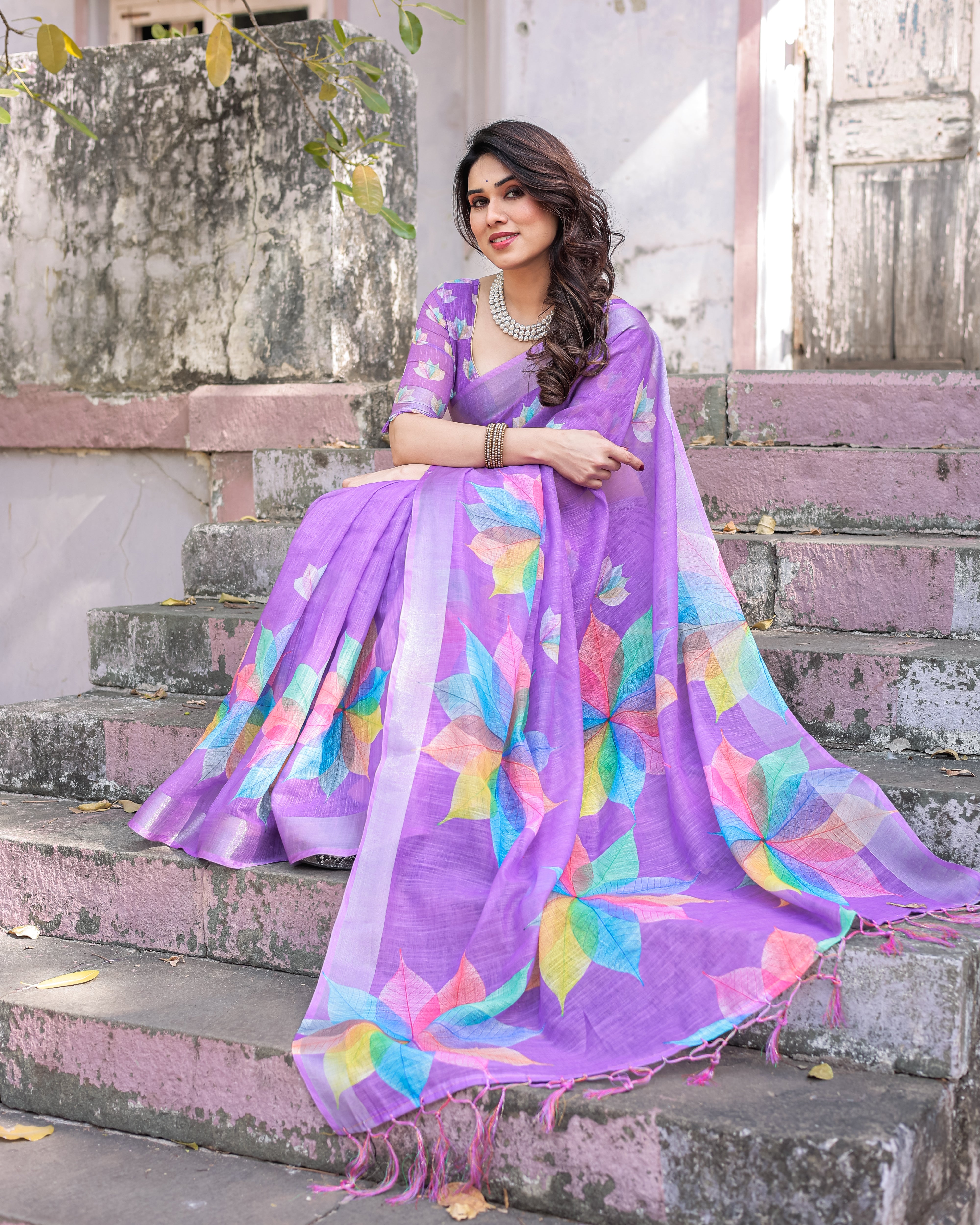 Elegant Multicolor Linen Saree with Traditional Patterns | Lightweight Festive Wear