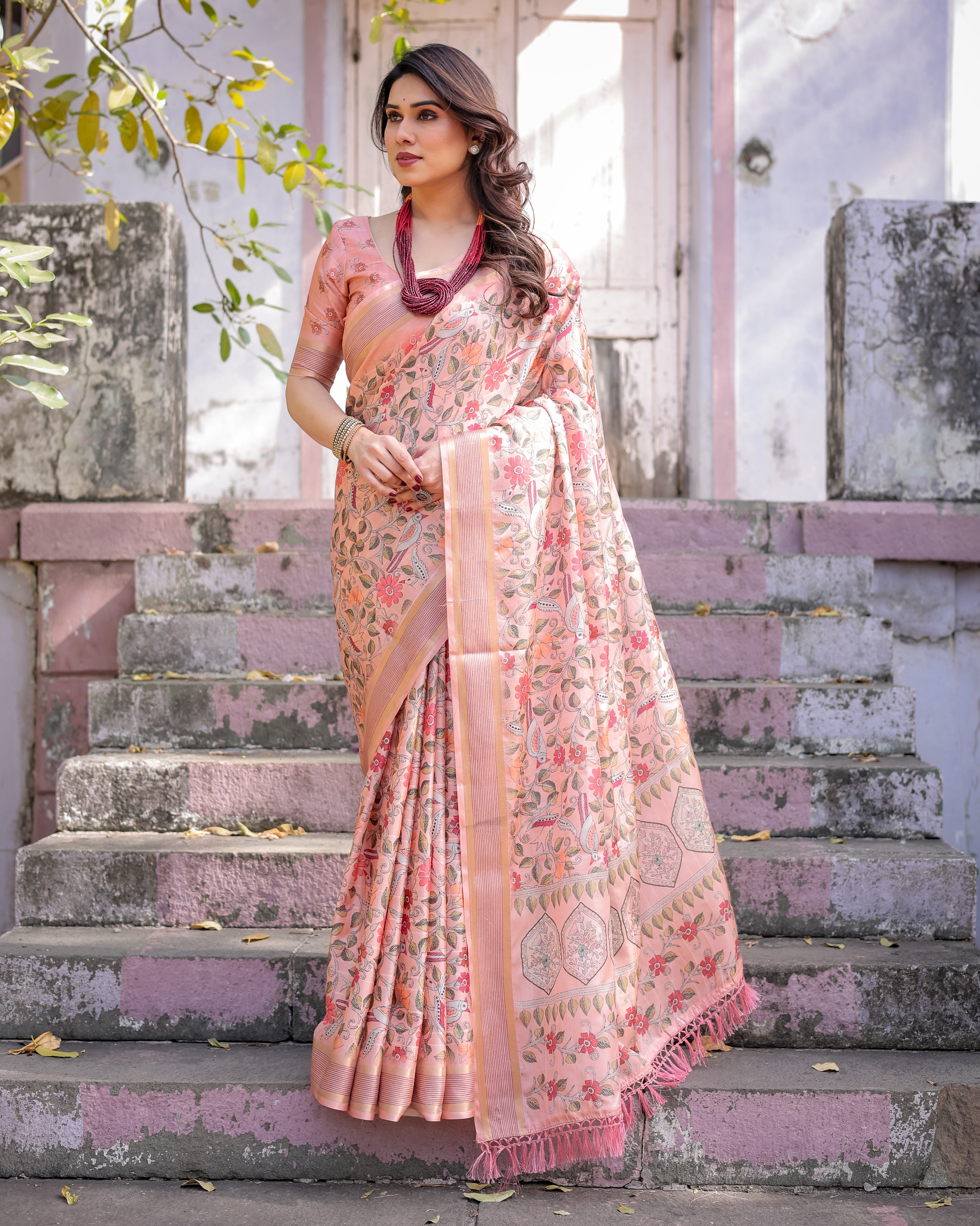 Elegant Multicolor Linen Saree with Traditional Patterns | Lightweight Festive Wear