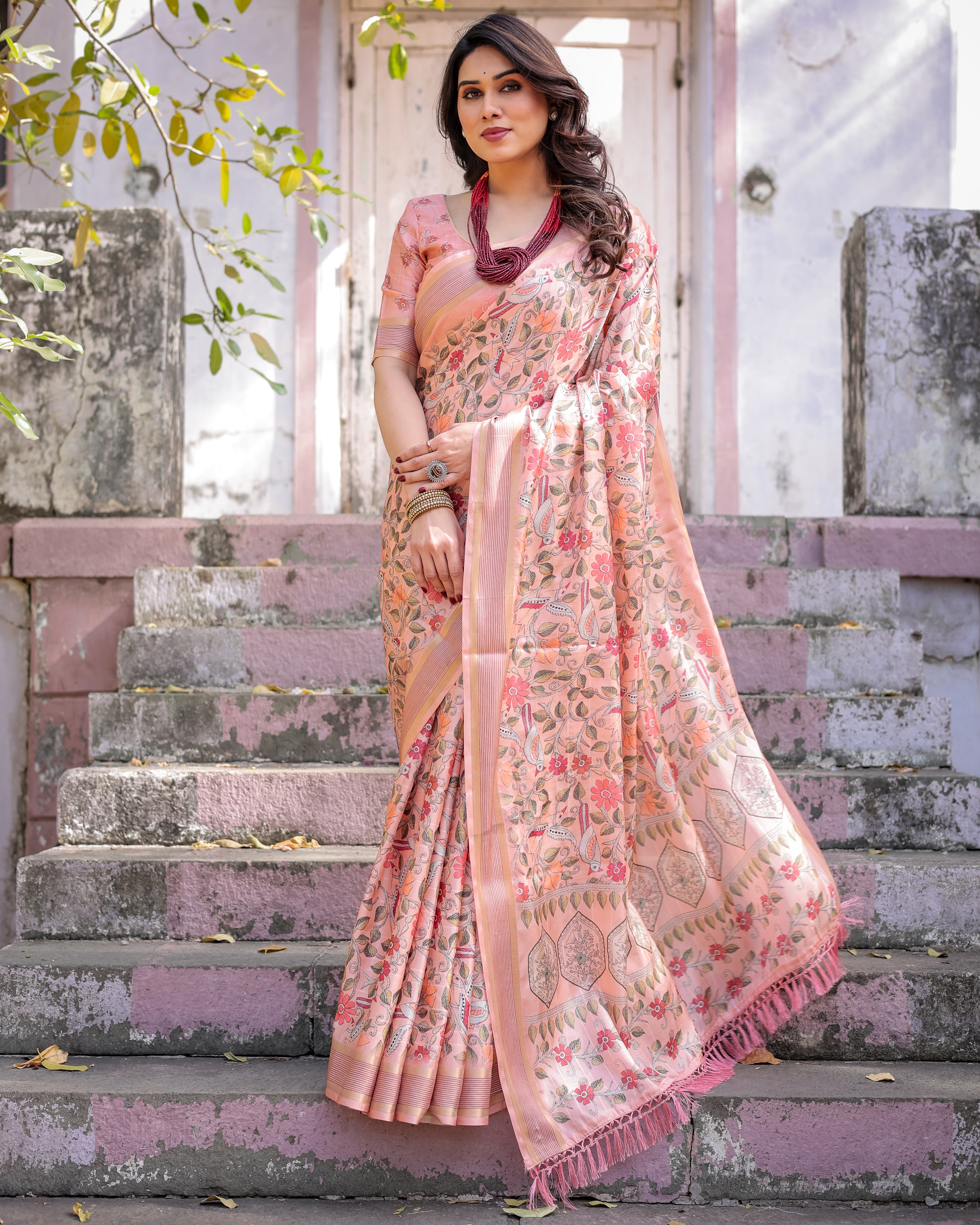 Elegant Multicolor Linen Saree with Traditional Patterns | Lightweight Festive Wear