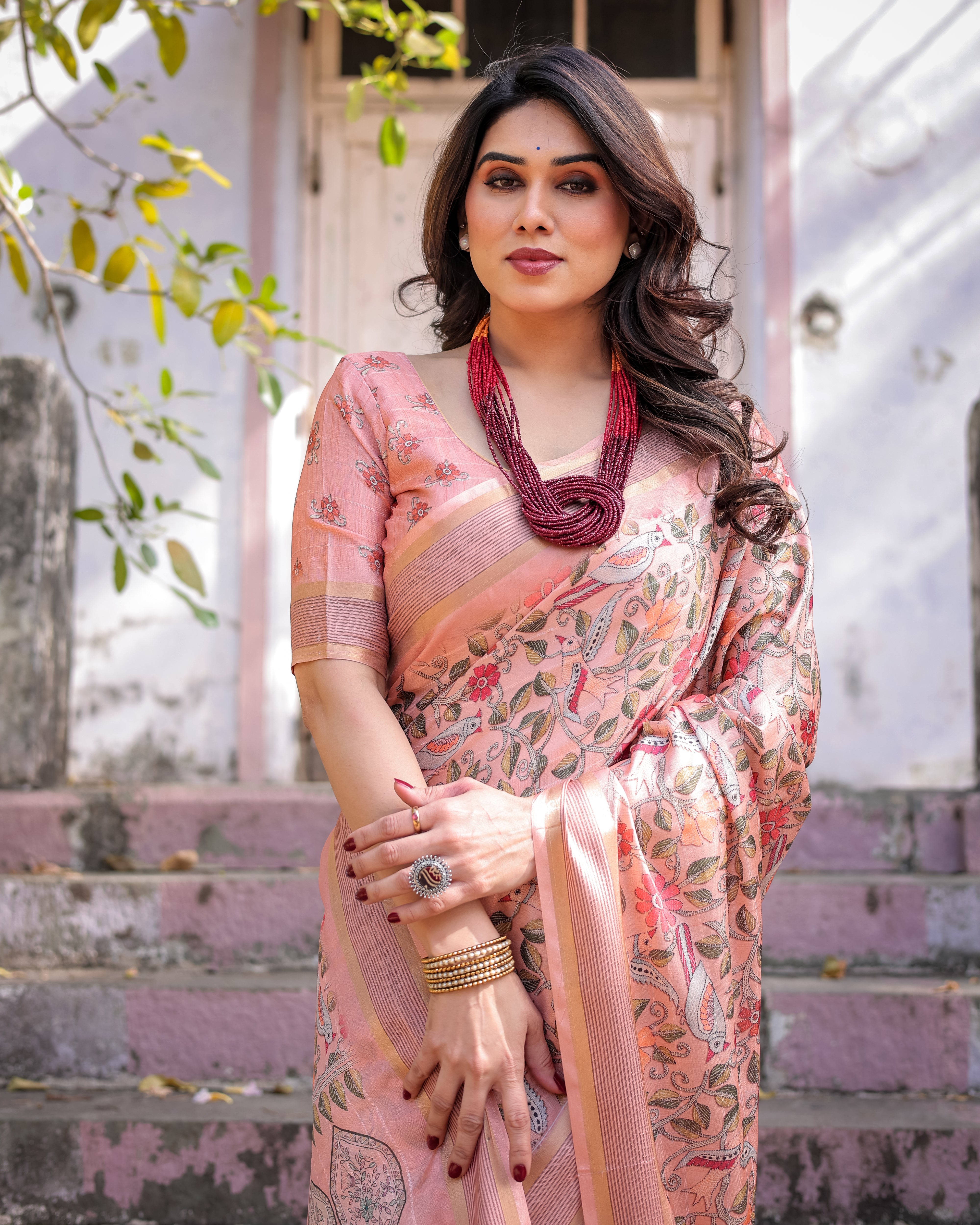 Elegant Multicolor Linen Saree with Traditional Patterns | Lightweight Festive Wear