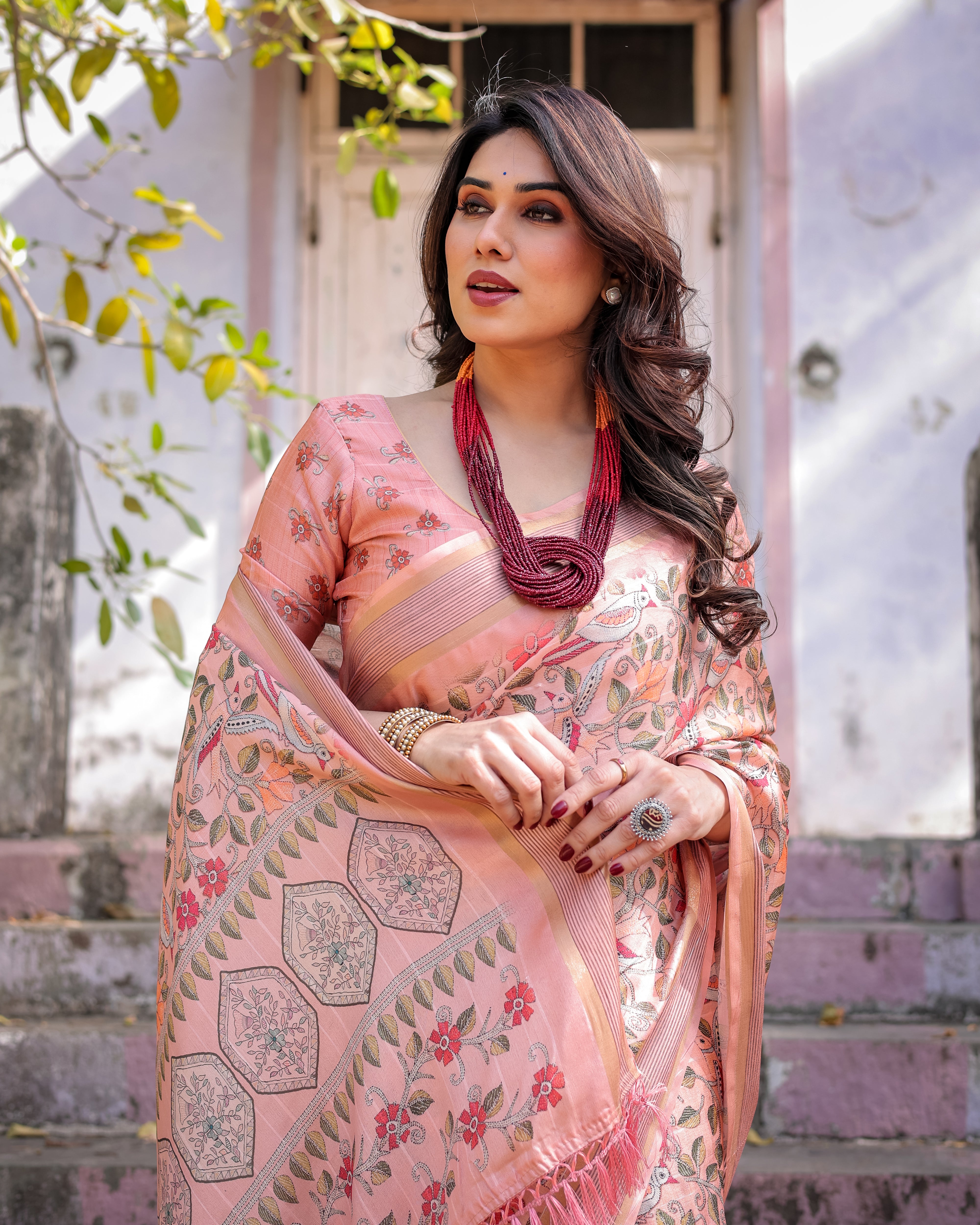 Elegant Multicolor Linen Saree with Traditional Patterns | Lightweight Festive Wear