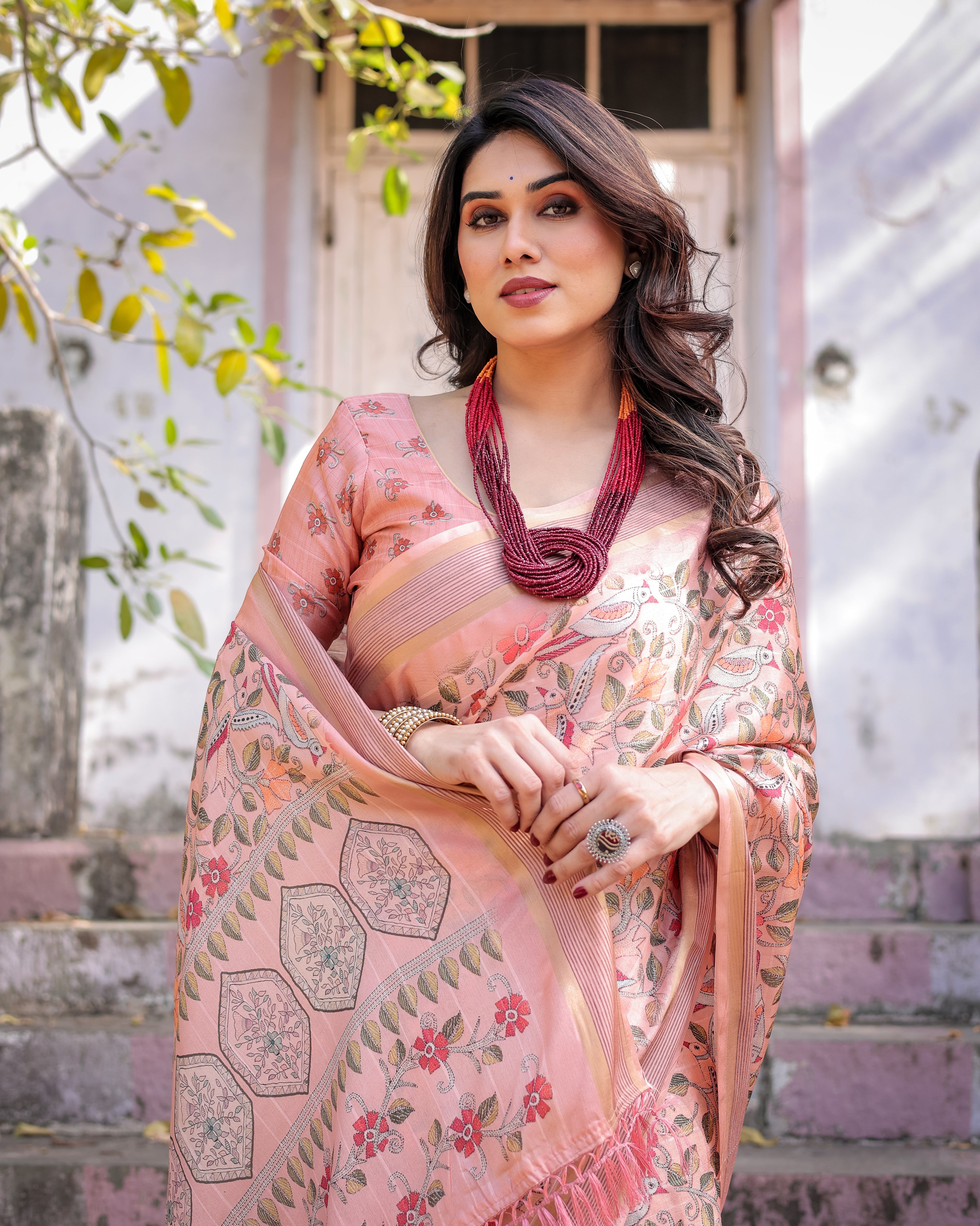 Elegant Multicolor Linen Saree with Traditional Patterns | Lightweight Festive Wear