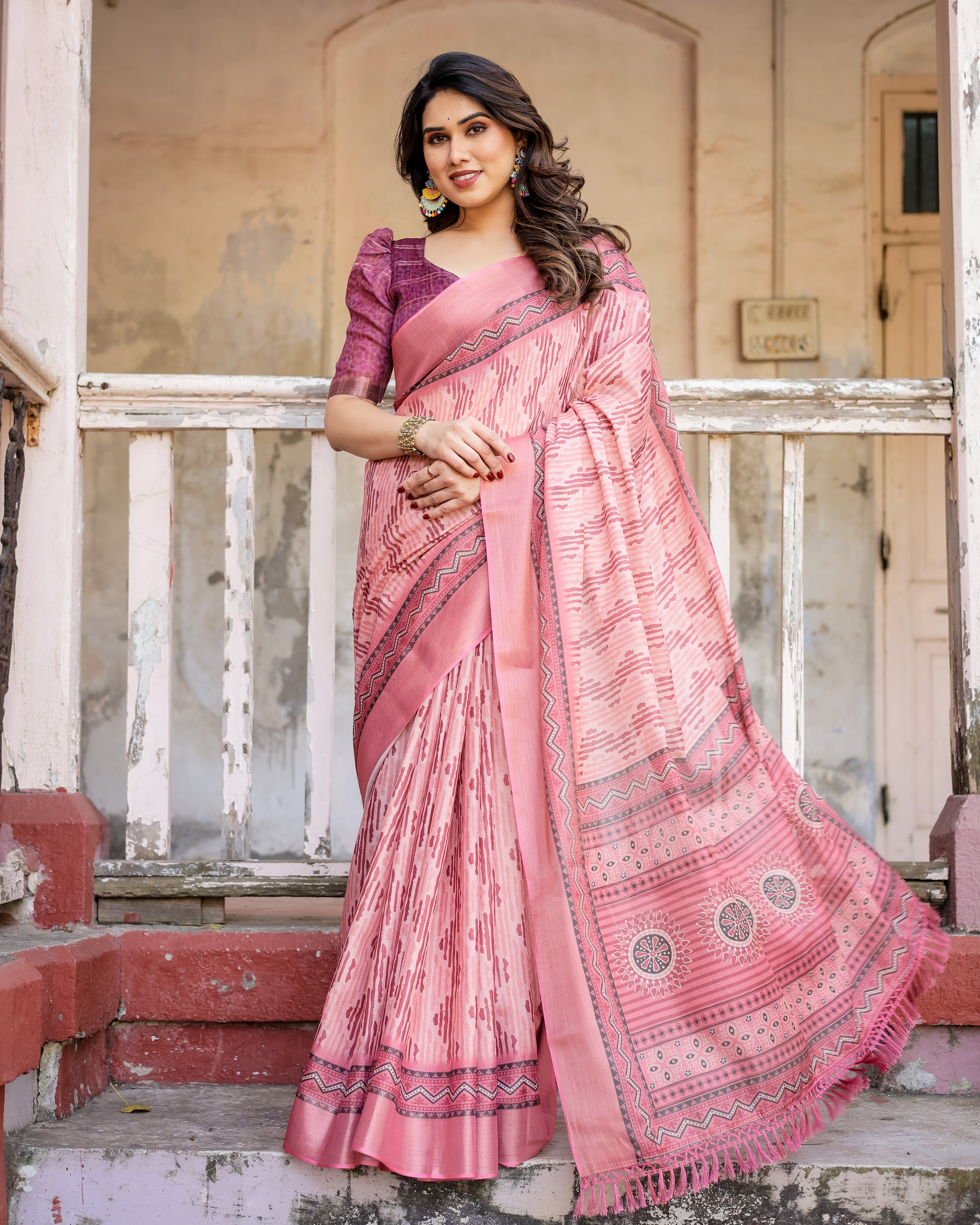 Elegant Multicolor Linen Saree with Traditional Patterns | Lightweight Festive Wear