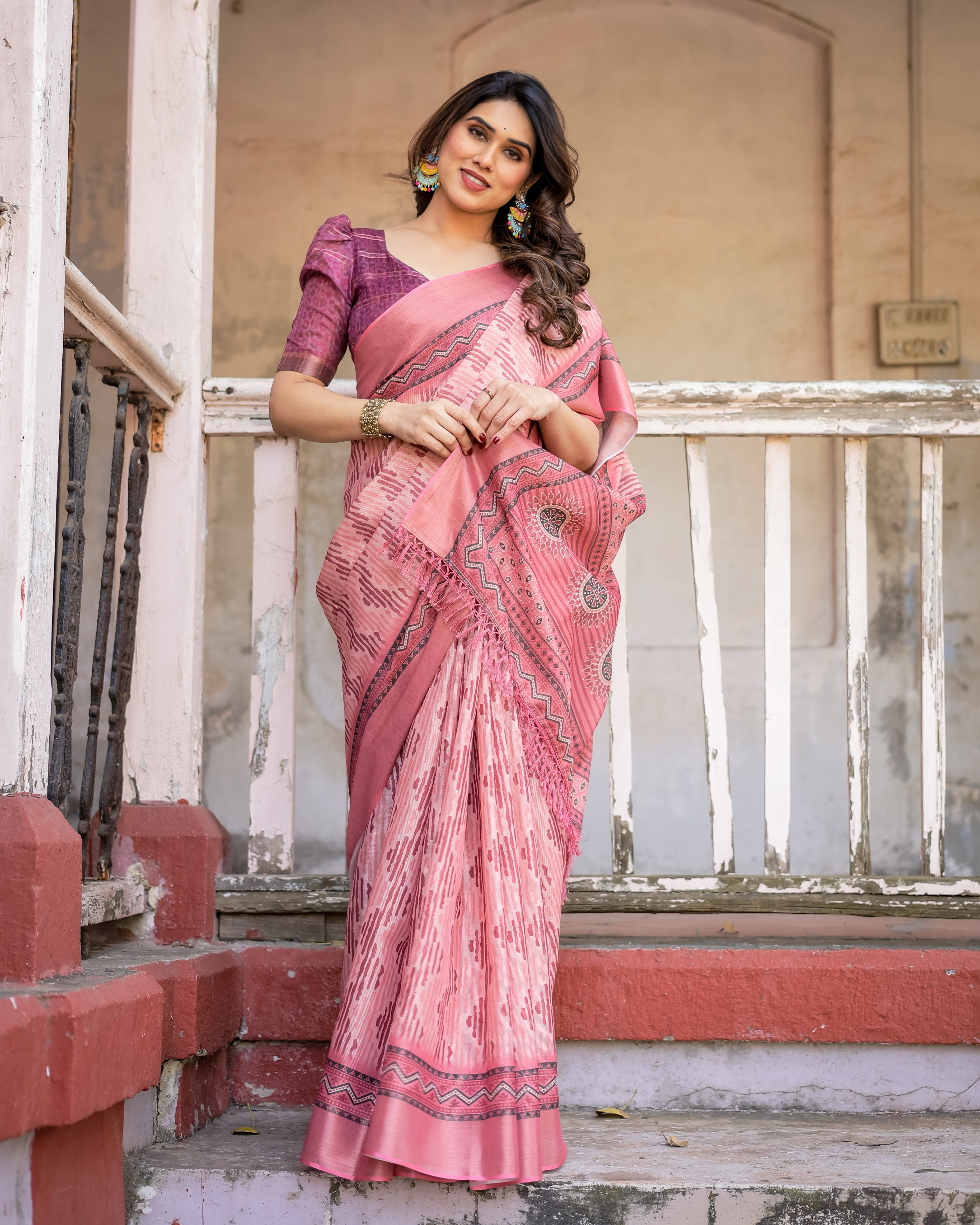 Elegant Multicolor Linen Saree with Traditional Patterns | Lightweight Festive Wear