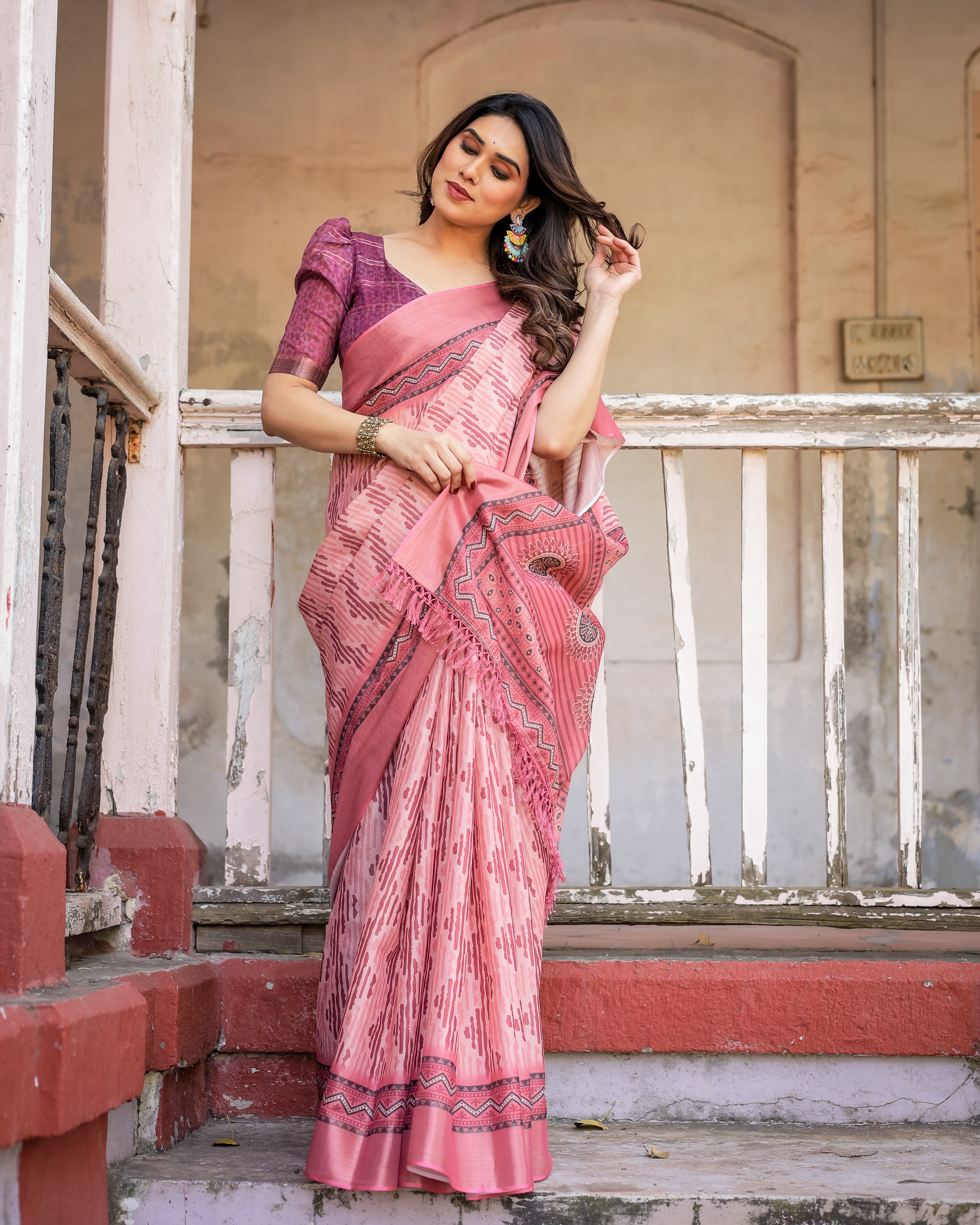 Elegant Multicolor Linen Saree with Traditional Patterns | Lightweight Festive Wear