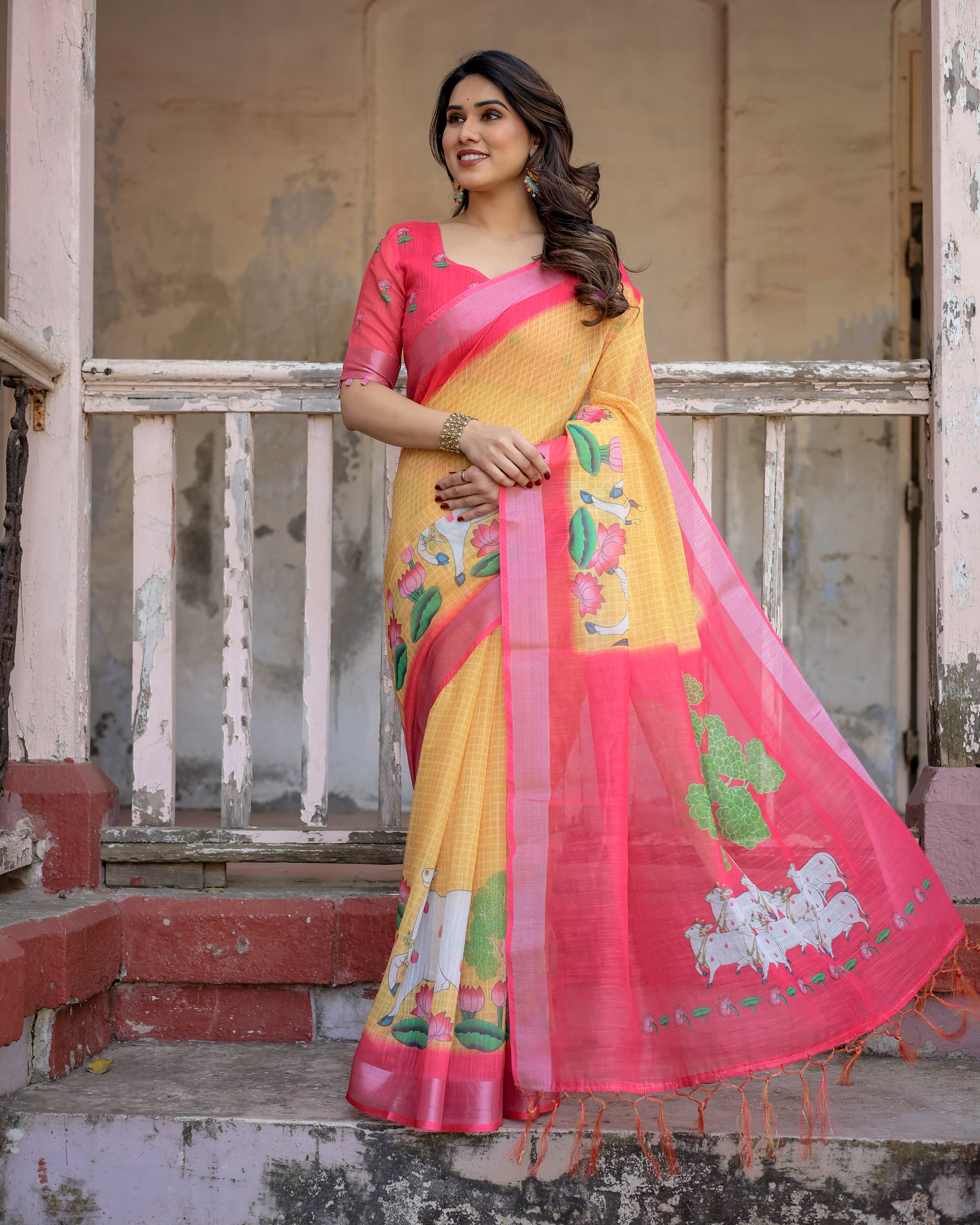 Elegant Multicolor Linen Saree with Traditional Patterns | Lightweight Festive Wear