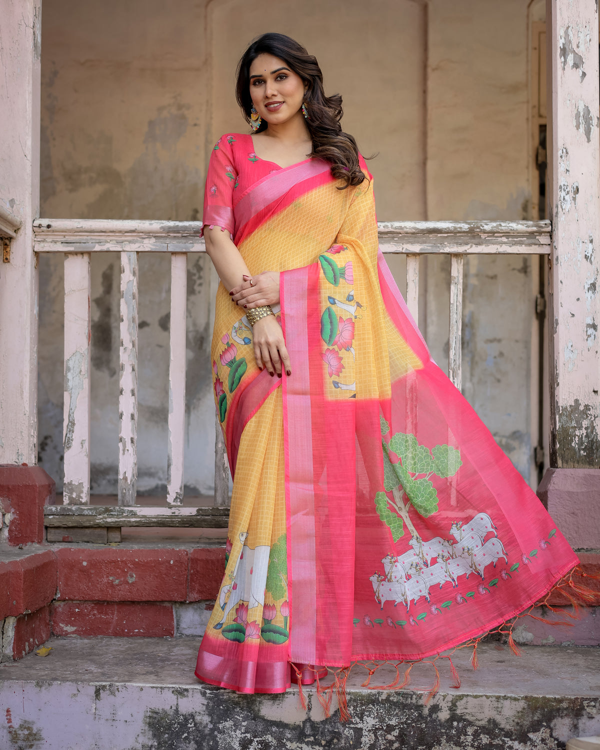 Elegant Multicolor Linen Saree with Traditional Patterns | Lightweight Festive Wear