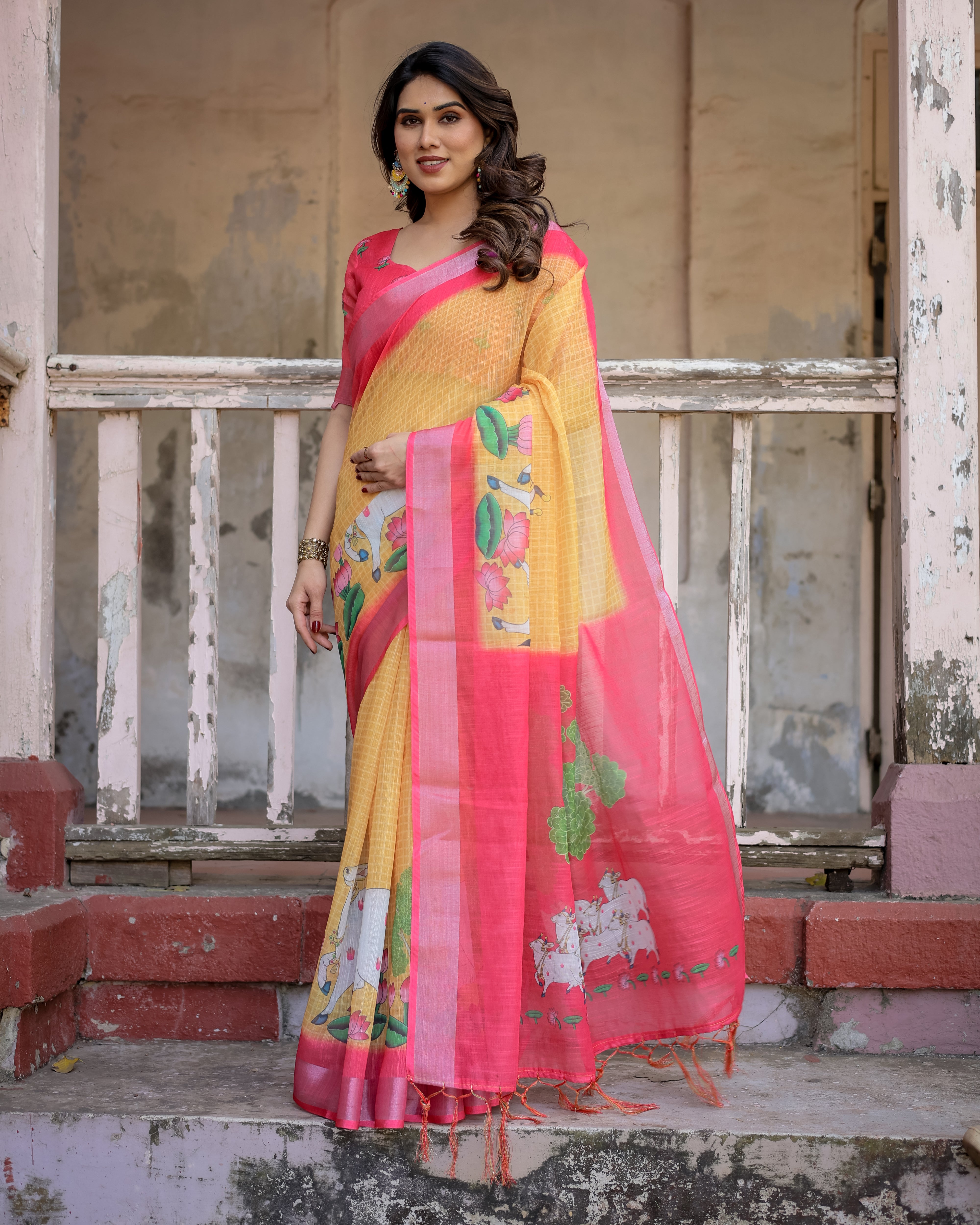 Elegant Multicolor Linen Saree with Traditional Patterns | Lightweight Festive Wear