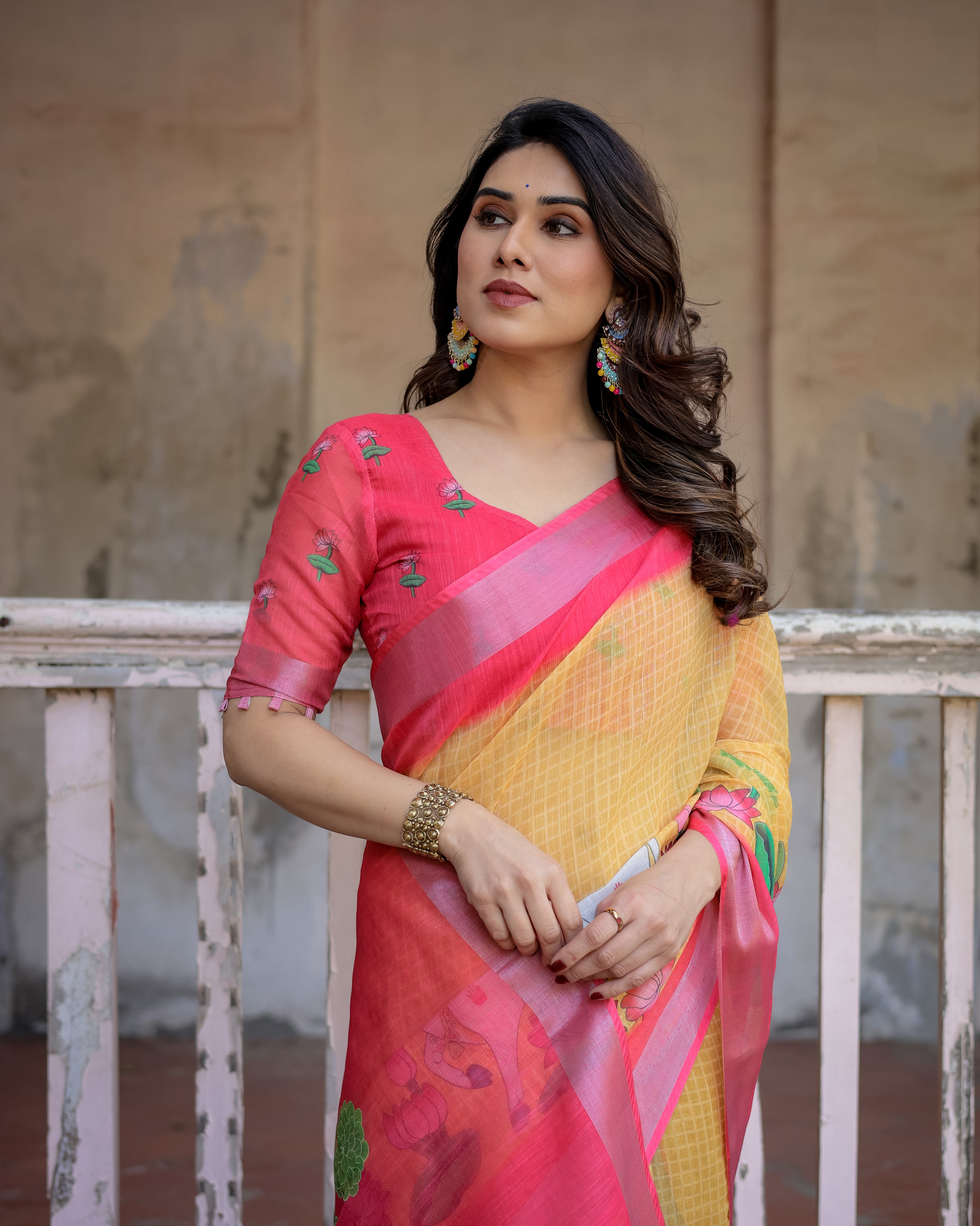 Elegant Multicolor Linen Saree with Traditional Patterns | Lightweight Festive Wear