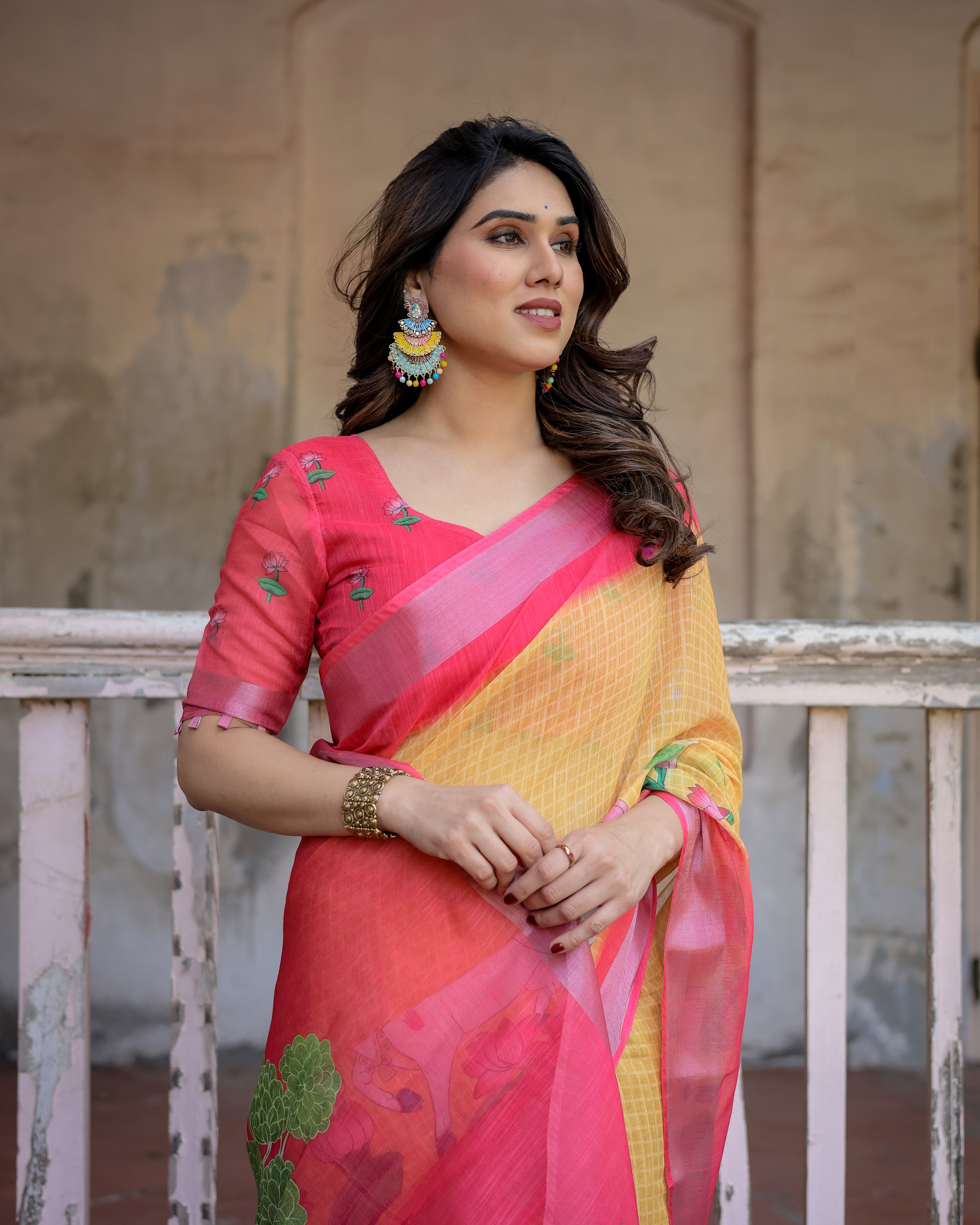 Elegant Multicolor Linen Saree with Traditional Patterns | Lightweight Festive Wear