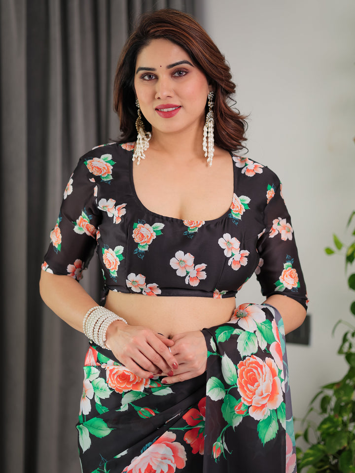 Black Floral Satin Georgette Saree with Multicolor Rose Print & Designer Tie-Back Blouse – Premium Soft Draping Saree
