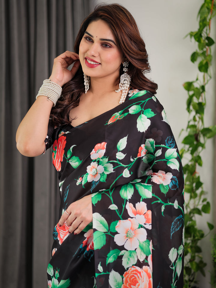Black Floral Satin Georgette Saree with Multicolor Rose Print & Designer Tie-Back Blouse – Premium Soft Draping Saree